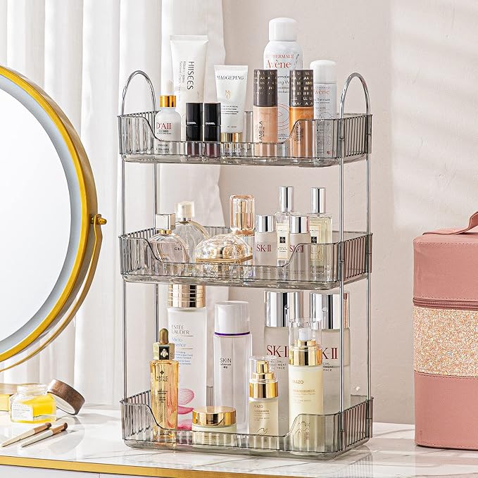 shuang qing 3 Tier Bathroom Counter Organizer Countertop Storage, Cosmetics Skincare Shelf Organizer, Makeup Organizer Perfume for Dresser Vanity Tray, Spice Rack Organizer for Kitchen - Gray