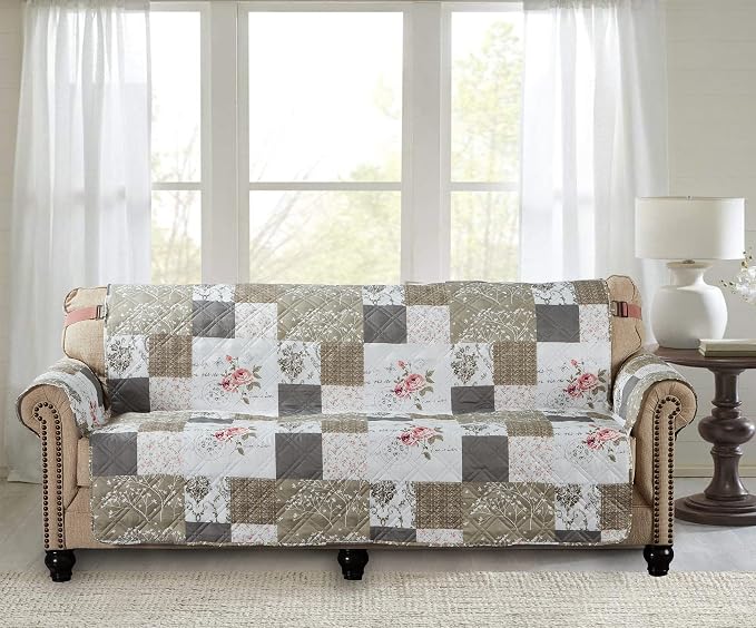 Brilliant Sunshine Pink Rose & Grey Toile Patchwork Couch Cover, 70" seat | Quilted Sofa Cover, Living Room & Bedroom Furniture Protector, Large Washable Slipcover for Pets, Dogs & Cats