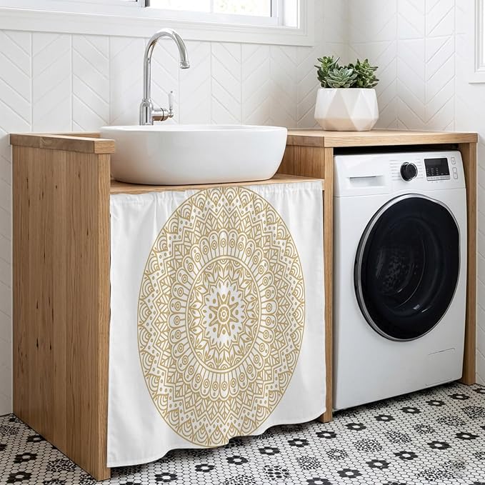 Beige Boho Cabinet Curtain 35"Wx35"L,Dustproof Under Sink Skirt W/ Self Adhesive Tape,Retro Farmhouse Ethnic Abstract Geometric Art Cabinet Curtain Cover for Kitchen Sink,Bathroom Vanity,Laundry Room
