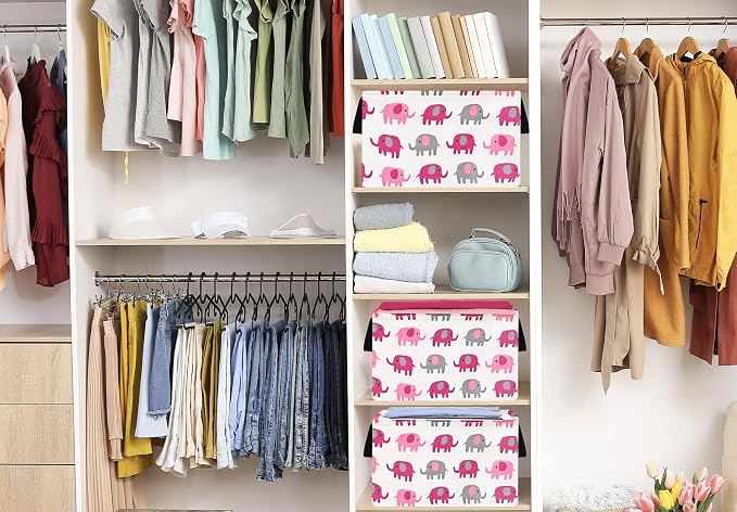 Baby Storage Basket Nursery Box Laundry Hamper Organization Bins for Toys and Clothes with Handles (Pink Elephant)