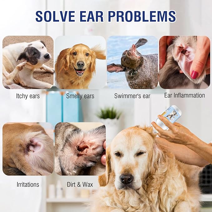 Ear Cleaner for Dogs and Cats 4 oz, Gentle and Non Irritating Dogs Ear Infection Treatment, Itch Relief Pet Ear Drops,Dog Ear Wash Removes Wax, Odor with 10 Cotton Swabs