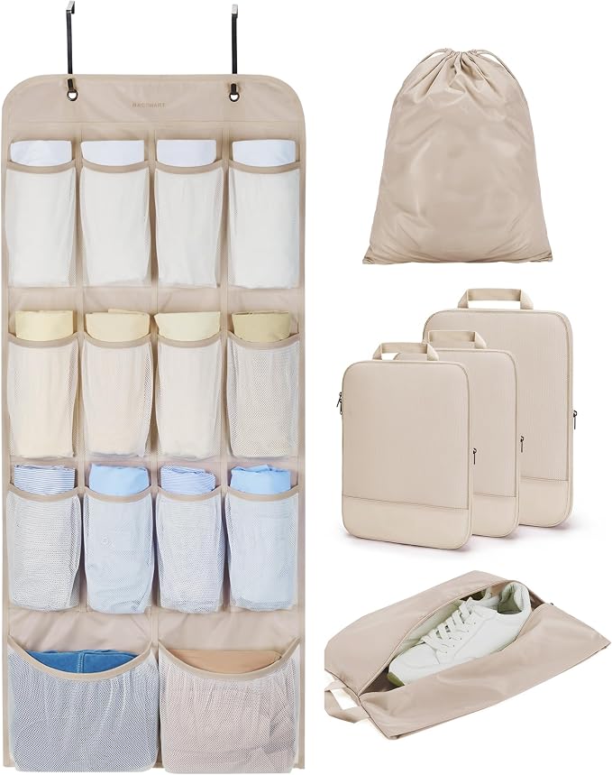 BAGSMART Hanging Compression Packing Cubes 6 Set Cruise Travel Essentials | 3-Fold Space Saving Hanging Shelves, Closet Organizers & Storage, Compressible Suitcase Organizer Bags, Machine Washable Cube
