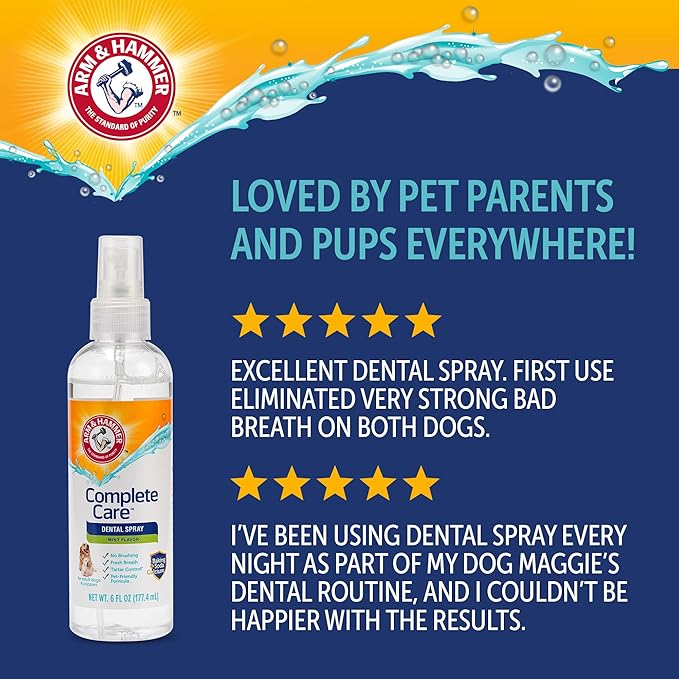 Arm & Hammer Complete Care Dog Dental Spray, Mint Flavor, Brushless Dog Breath Freshener with Baking Soda and Calcium for Tooth Enamel Support, Fluoride-Free, 6 Fl Oz