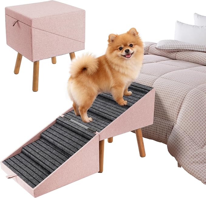 Dog Ramp for Bed & Couch, Foldable Dog Stairs 21.06" inches High | Split Ottoman No-Slip Surface Dog Ramp, 2 in 1 Wooden Pet Steps for Puppy and Large/Medium/Small Dogs,Pink