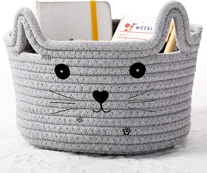 Zopeal Cat Storage Basket Woven Organizer with Ears Decorative Gift Cute Cotton Rope Pet Toy Basket for Gift Cat Dog Toy Bin Nursery Room(8.3 x 4.7 Inch,Light Gray)
