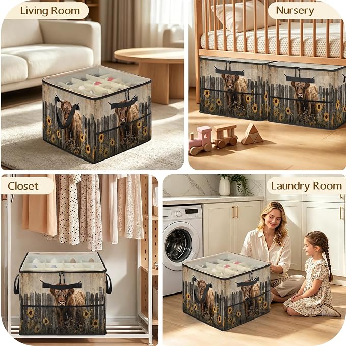 TropicalLife Brown Highland Cow Shoe Organizer for Closet | Farmhouse Country Foldable Shoe Storage Organizer Box Bin with Adjustable Dividers & Clear Cover, Fits up to 16-32 Pairs