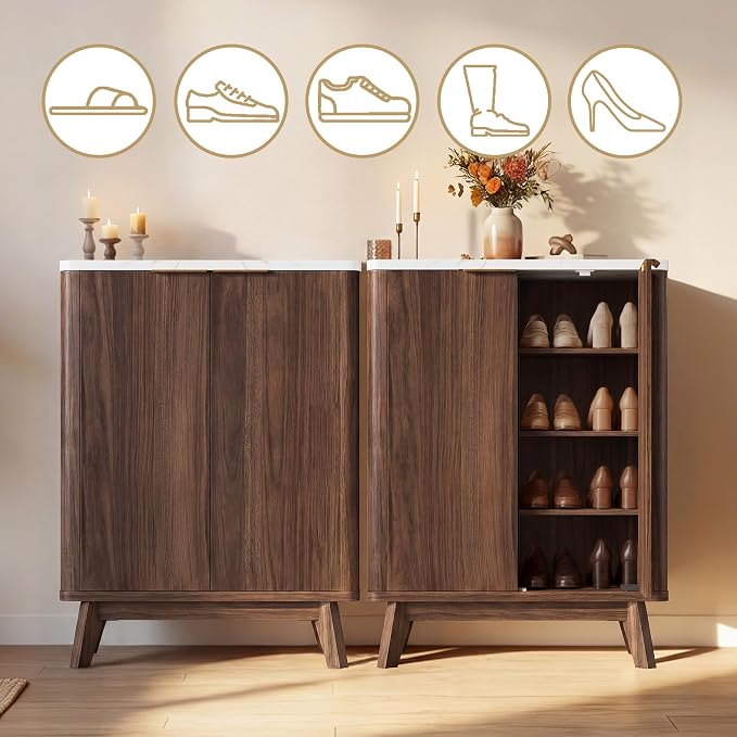 Shoe Cabinet with Doors & Adjustable Shelves, Walnut | Modern Wooden Storage Cabinet for Entryway, Mudroom And Apartment, Reducing Clutter And Dust Buildup