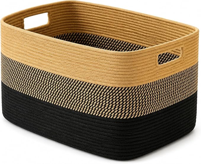 12.8GAL Kids Stuffed Animal Toy Storage Organizer, Cute Mini Nursery Laundry Basket for Baby Girls Boys Dirty Clothes, Picture Books, Small Cotton Rope Wicker Hamper for Bathroom Towels Khaki Black