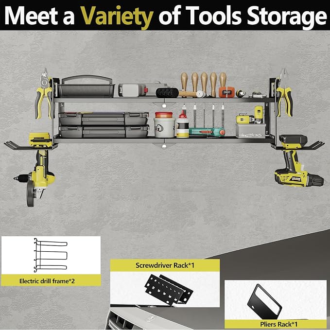AZERPIAN Power Tool Organizer Heavy Duty Wall Mount Drill Tools Holder | Garage Wall Mount Tool Rack, Workshop Metal Cordless Tool Shelf, 2 Layers Utility Storage Racks for 4 Drill Holders