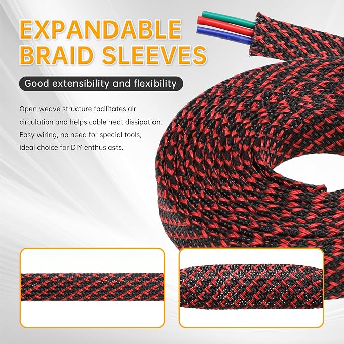Braided Cable Sleeve 33ft, PET Expandable Wire Loom for Automotive Wiring Harness & PC Computer Case, Audio Video Cable Management System (Red~Black, 10mm (3/8"))