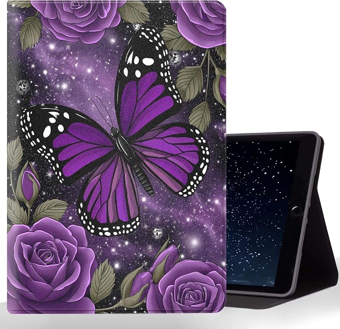 Tablet Case for iPad 10.5 Inch (iPad Air 3/Pro,2017/2019),Shockproof Protective Cover with Stand,Auto Wake/Sleep,Purple Butterfly Rose
