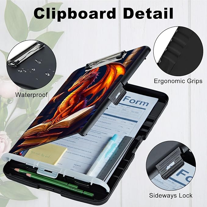 Book Dragon A4 Clipboard with Storage Pen Holder, Clipboards Organizer Nursing Clipboard Foldable File Folder Plastic Clipboard Folio Clip Board for Office Students Classroom Doctor