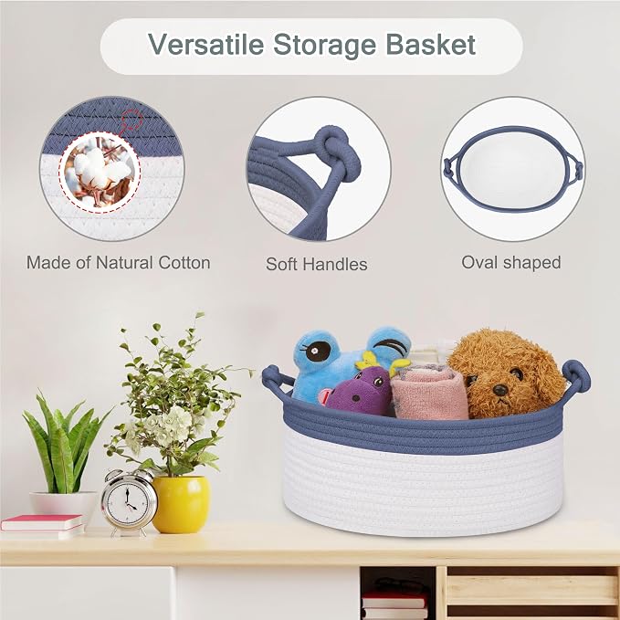 COMSE Small Gift Basket Empty with Bag & Ribbons, Folkstone Gray & White | Cotton Rope, 12"x 8"x 5", Pet Toy Storage Organizer, Woven Basket for Birthdays, Baby Showers, Mother’s Day, Valentine’s Day