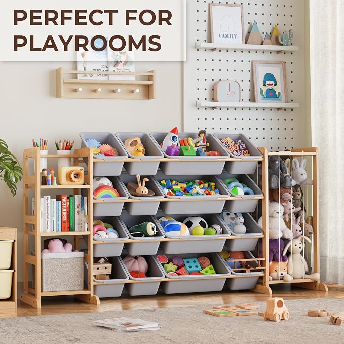 Toy Storage Organizer with Bookshelf and Stuffed Animal Storage - Kids Playroom Organization with Shelves and 16 Toy Bins - Toddler Living Room Toy Box for Lego - Nursery Bedroom Decor Essential