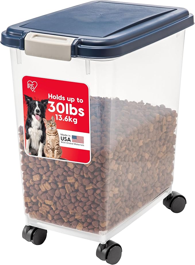 IRIS USA Dog Food Storage Container, Up to 30 lbs, Navy, Made in USA | Wheels for Mobility, Airtight Seal, BPA-Free, Best for Bird Seed, Cat food, Cat Litter, Chicken Feed, Pellets