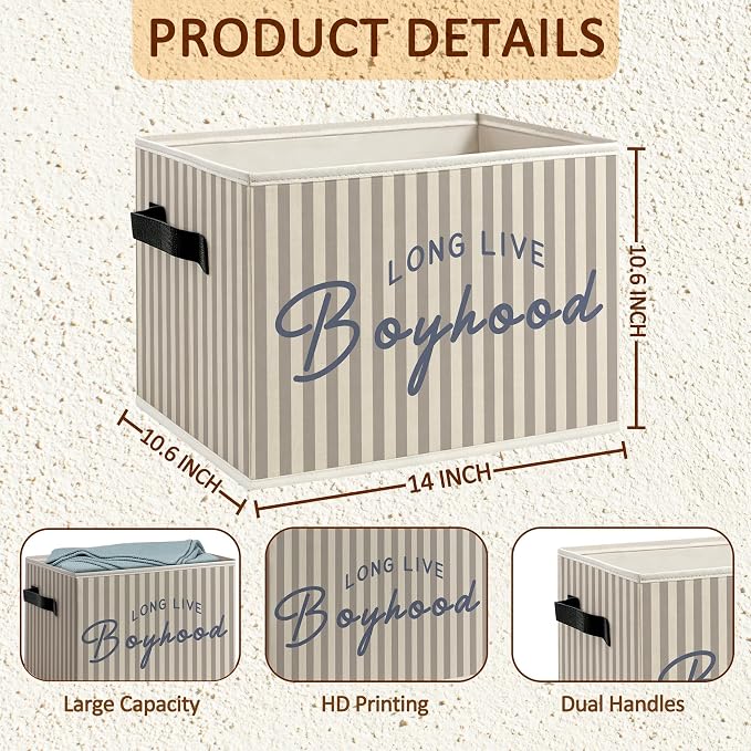 Neutral Striped Boy Nursery Foldable Storage Bins Box with Handles, Long Live Boyhood Decorative Storage Boxes Baskets Toybox Organizer for Kids Boy Nursery Room Bedroom Playroom