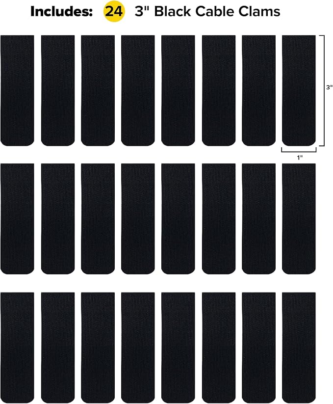 Cable Clams by Wrap-It Storage - 3" (24-Pack) Black | Cord Organizer for Appliances Strips with Adhesive for Office Organization and to Hide TV, Desk, or PC Cord Management
