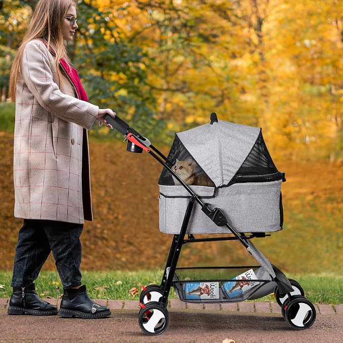 Pet Stroller 4 Wheels Dog Cat Stroller for Small Medium Dog Cats Carrier Jogger Travel Foldable Puppy with Detachable Carrier