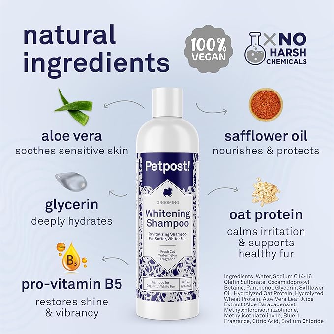 Petpost | Dog Whitening Shampoo with Coconut Oil & Aloe. Brightens White & Light Coats, Moisturizes Skin. Watermelon Scent. 8 oz