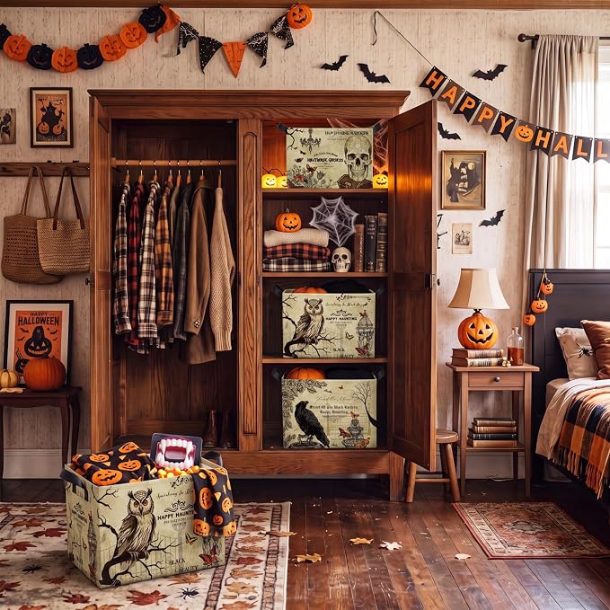 4 Pcs Vintage Halloween Storage Basket for Gifts Large Retro Gothic Themed Storage Bins with Handles 15 x 10 x 8 Fabric Laundry Baskets Halloween Collapsible Organizer Boxes for Home Cloth Toy