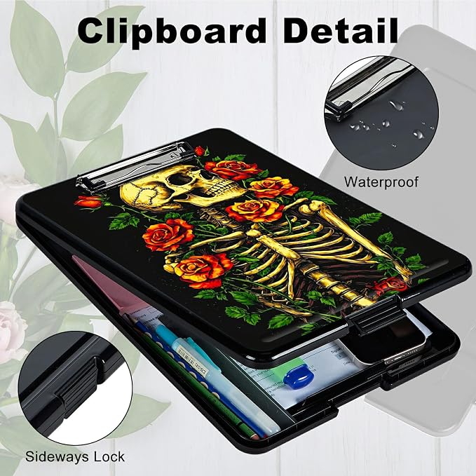 Skull Red Rose A4 Clipboard with Storage Pen Holder, Clipboards Organizer Nursing Clipboard Foldable File Folder Plastic Clipboard Folio Clip Board for Office Students Classroom Doctor