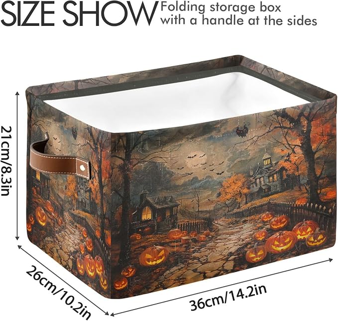 Wamika Halloween Castle Storage Basket with Waterproof Liner and PU Handles Spooky Pumpkin Lantern Storage Bins Boxes 14.2" Collapsible Decorative Organizer Baskets for Bedroom Closet Office 1 Pack