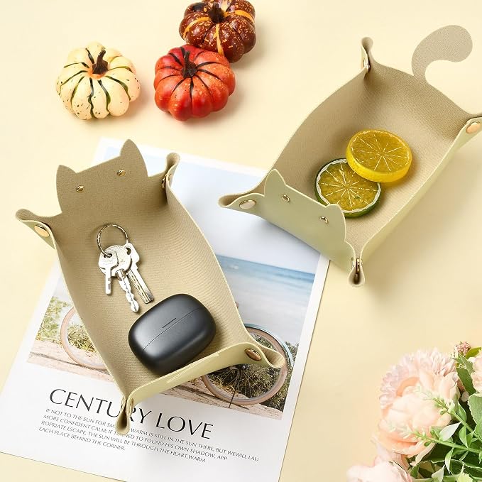 Craftdady 4 PCS Foldable Vanilla Leather Tray Cute Cat-Shaped Valet Tray