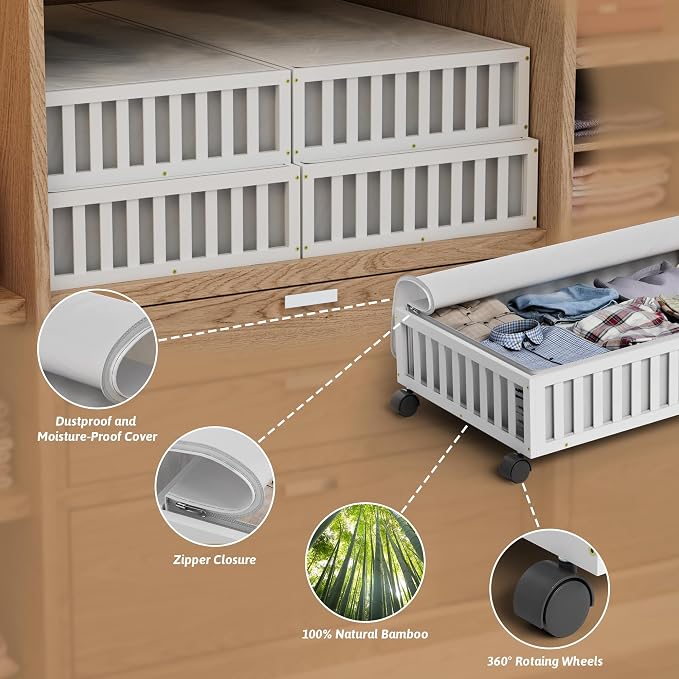 2 Pack Large Bamboo Under Bed Storage Containers with Wheels, White | Underbed Drawer Storage with Bag, Wood Rolling Underbed Organizer for Shoes, Sheets Clothes Blanket Comforter, Under Crib Toy