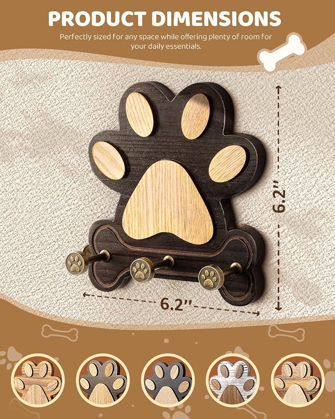 MTERSN Pine Wood Dog Leash Holder for Wall with 3 Hooks, Dark Brown