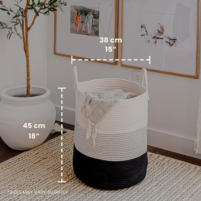 OrganiHaus Tall Cotton Rope Laundry Basket & Hamper, Blanket Storage 52L | 3-Toned Black - Tall Cotton Rope Hamper, 52L