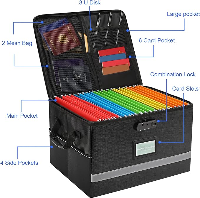 EXLIFBAG File Organizer, Fireproof File Box with Lids, Important Document Organizer Box with Lock, Portable File Folder Organizer with Handle