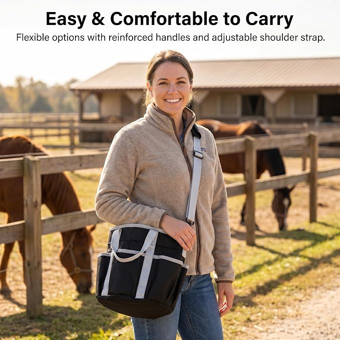 Horse Grooming Tote Bag with 6 Pockets & Drawstring Closure, Portable Grooming Bag for Horses, Waterproof Tack Bag with Shoulder Strap for Horse Grooming Supplies, Equestrian Grooming Kit Organizer