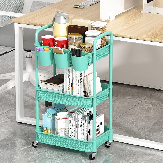 MOYIPIN 3-Tier Plastic Rolling Utility Cart with Handle,Turquoise | Utility Storage Cart for Office, Living Room, Kitchen,Movable Storage Organizer，Easy installation，Rattan-like art design