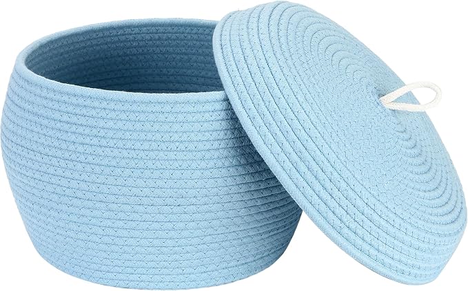 Sea Team Round Woven Cotton Rope Storage Basket with Lid, Blue | Lidded Knitted Decorative Storage Bin, Pot, Caddy, Organizer, Container for Snacks, Towels, Plants, 13 x 9 Inches