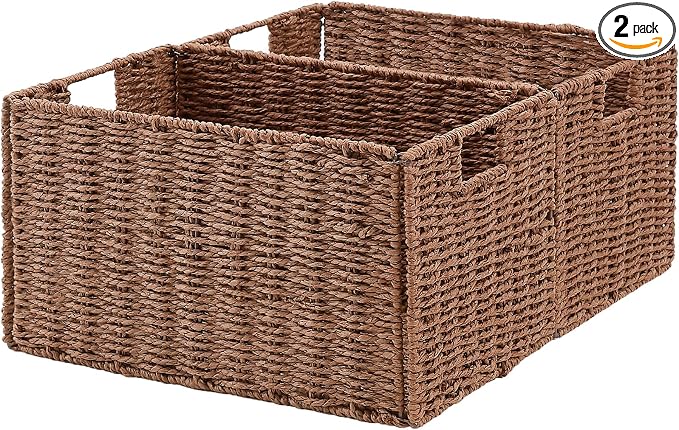 Vagusicc Large Wicker Storage Basket, Set of 2 Baskets for Organizing Brown | Hand-Woven Wicker Small Storage Baskets for Organizing Toilet Paper, Foldable Large Cube Storage Organizer Bins for Shelves