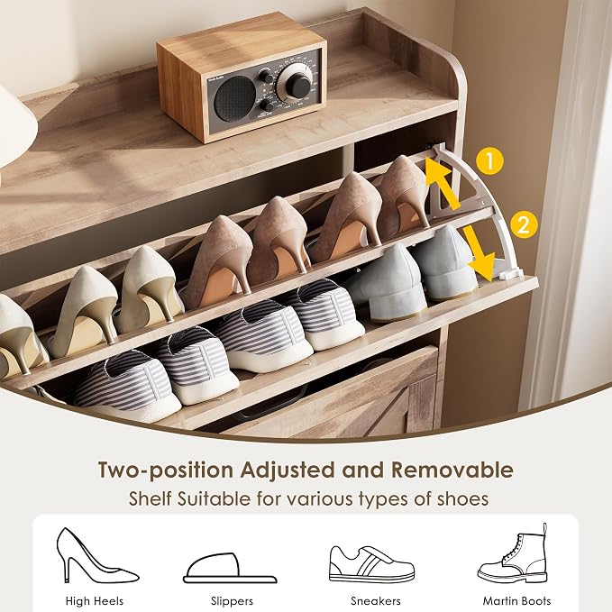 Shoe Storage Cabinet with 2 Flip Drawers, Entryway Organizer, Oak | Slim Shoe Cabinet with Metal Legs, Narrow Farmhouse Shoe Organizer for Entryway, Foyer, Hallway, Wood Shoe Rack with Hook