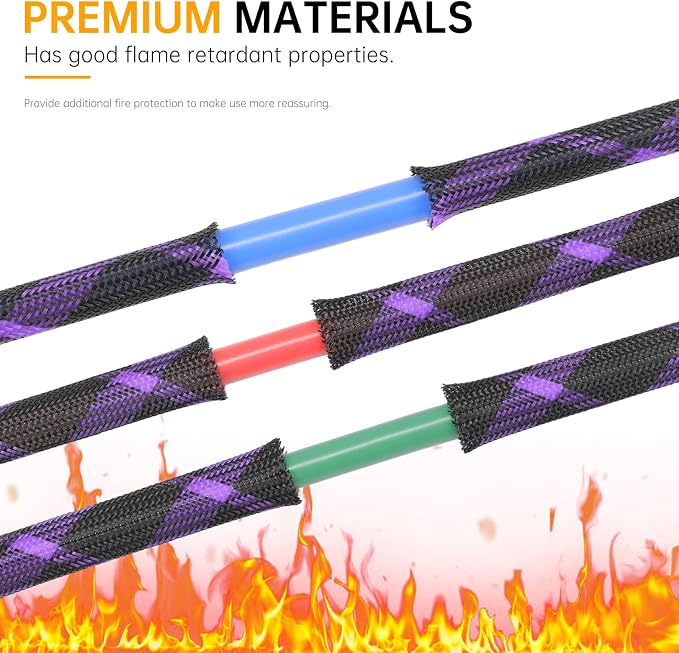 Braided Cable Sleeve, 33ft Expandable Wire Loom for Automotive Wiring Harness & PC Case, Pet-Proof Chew Resistant Cord Protector, Flexible Cable Management (Black-Purple, 12mm (15/32"))