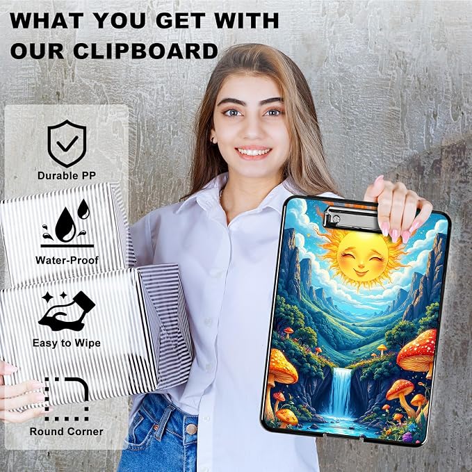 Heavy Duty Storage Clipboard, Slim Nursing Clipboard with Internal Pen Case, Portable File Organizer Case for A4 Letter Size Paper Office Medical Professionals, Stream Sun Mushroom
