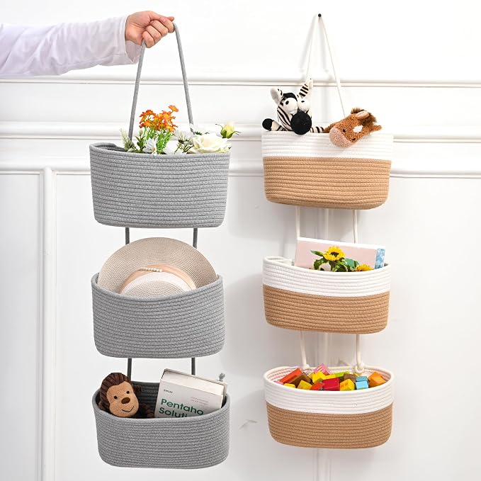 ICERZCZ Hanging Baskets for Organizing, Over the Door Decorative Storage Organizer, Nursery Decor Organization, 3-Tier Wall Basket for Entryway Playroom Bathroom Closet, Light Gray