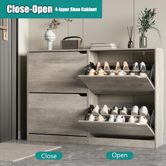 Xixini Shoe Storage Cabinet for Entryway with 4 Flip Drawers, Sturdy Wood Hidden Shoe Storage, Freestanding Narrow Slim Shoe Organizer for Front Door Entrance, Living Room, Hallway, Bedroom, Grey