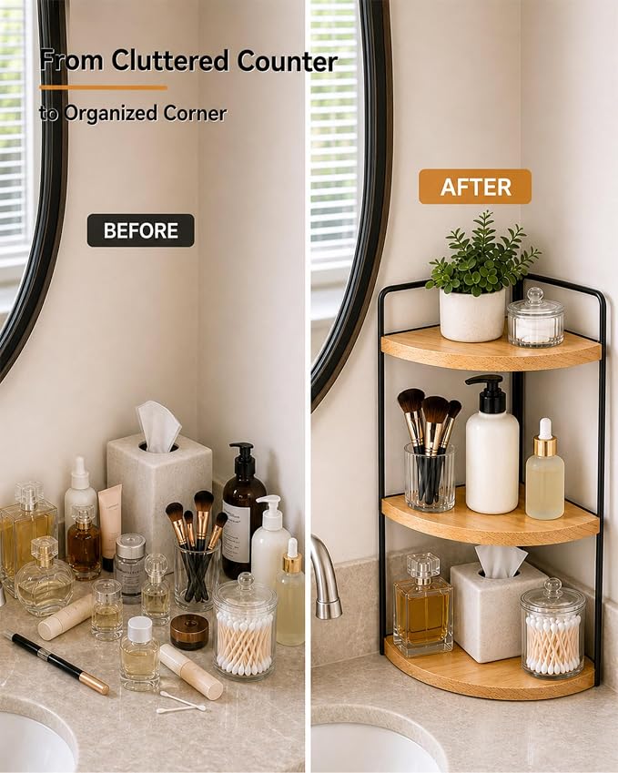 3-Tier Corner Bathroom Countertop Organizer, Solid Pine Wood Vanity Shelf | Natural wood solid pine shelves with 6.3 in clearance for tall bottles, skincare, perfume, and daily essentials.