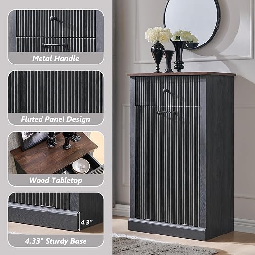 IFGET Tilt-Out Trash Can Cabinet, Fluted Laundry Hamper Cabinet, Dark Gray