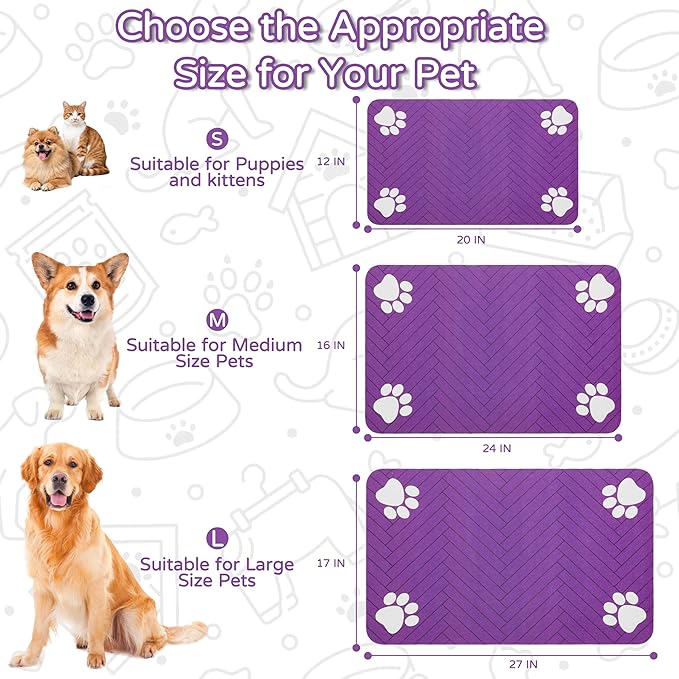 Pet Feeding Mat-Absorbent Dog Feeding Mat for Food and Water Bowl,No Stains Pet Placemat,Quick Drying Water Dispenser Mat for Dog and Cat,Easy to Clean Dog Accessories(S,Purple)