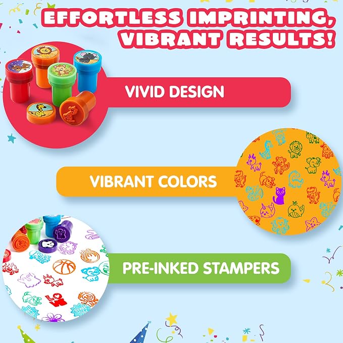 JOYIN 50 Pcs Assorted Stamps for Kids - Self-Ink Stamps with 50 Designs for Birthday Party Favor, Carnival Prizes, School Stampers, Goodie Bag, Classroom Treasure Box Toys (Zoo, Holiday Stampers)