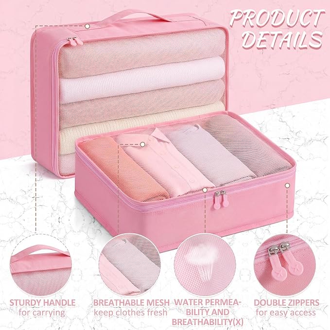 Silkfly 8 Pcs XL Packing Cube for Travel Luggage,Simple,Pink | 17.7 x 13 x 4.7, Same Size, Pink Suitcase Storage Organizer Set, Reusable Mesh Clothes Cube for Hiking Camp Family Accessory