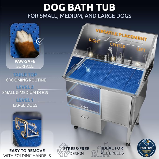 Professional Dog Washing Station 304 Stainless Steel Pet Wash Sink | Grooming Bathtub w/Shower, Floor Grates and Storage for Large, Medium & Small Pets