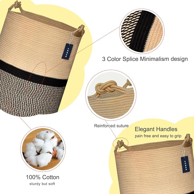 COMSE Tall Woven Blanket & Laundry Basket, 72L, Blend Brown & Black | 15.7”x 21.7”, Cotton Rope, Large Nursery Hamper for Storage of Toys Clothes Towels, Great for Living Rooms Bedrooms Bathrooms