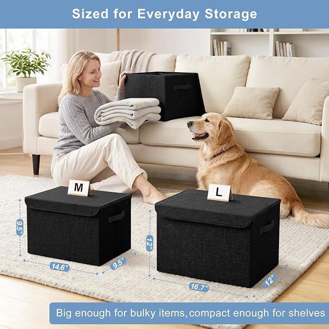 Large 22 Quart Linen Fabric Foldable Storage Bin Cube Organizer Basket with Flip-Top Lid & Handles, Clothes Blanket Box for Home, Office, Closet, Black, 4 Pack 14.6 x 9.5 x 9.5”