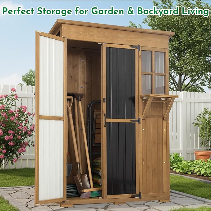 Ketive Outdoor Storage Cabinet, Large Wood & Metal Garden Shed with Foldable Table, Weather-Resistant Asphalt Roof, Lockable Doors & Adjustable Feet for Patio, Backyard, or Garage (47"L x 20"W x 70"H)