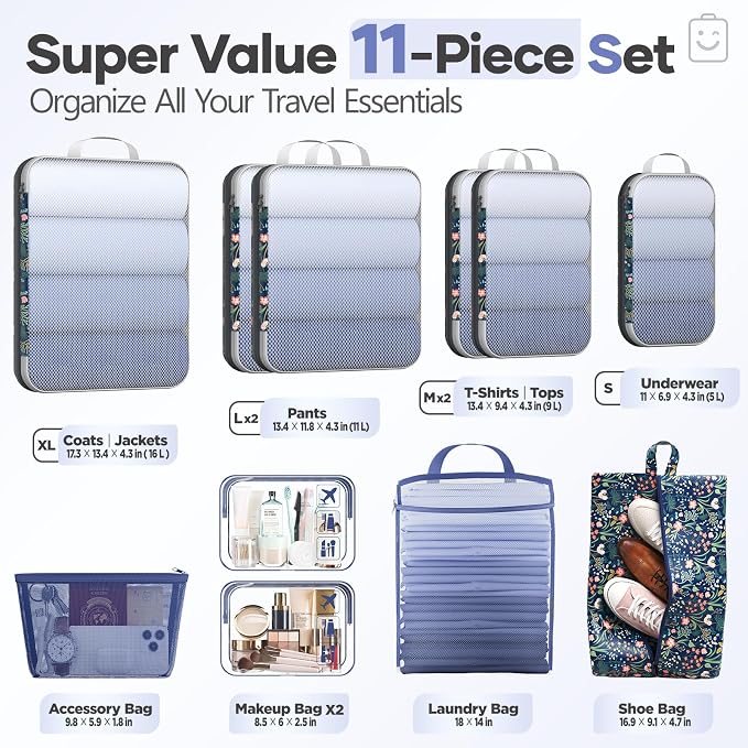 Veken 11 Set Compression Seting Cubes Garment Bags for Travel Essentials,Compressible Expandable Luggage Organizer Bags for Clothing,Space Saver Bags with Over 99 pcs of Mesh Holes(Dark Blue Floral)